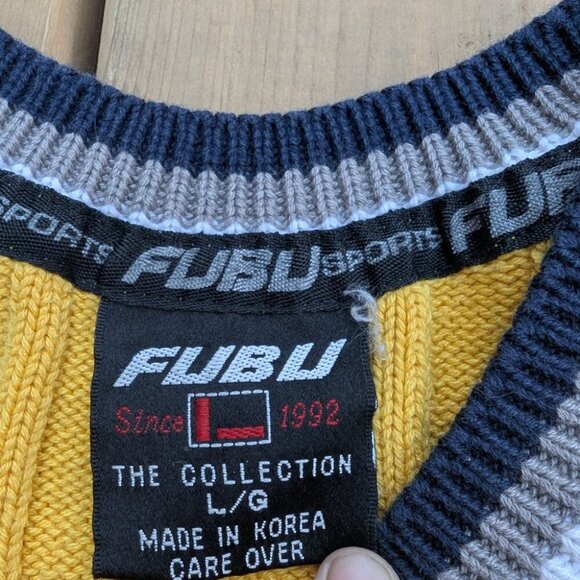 Vintage Y2K FUBU Sweater Vest Men's L Yellow Logo Embroidered Retro Cable-Knit - Picture 4 of 7